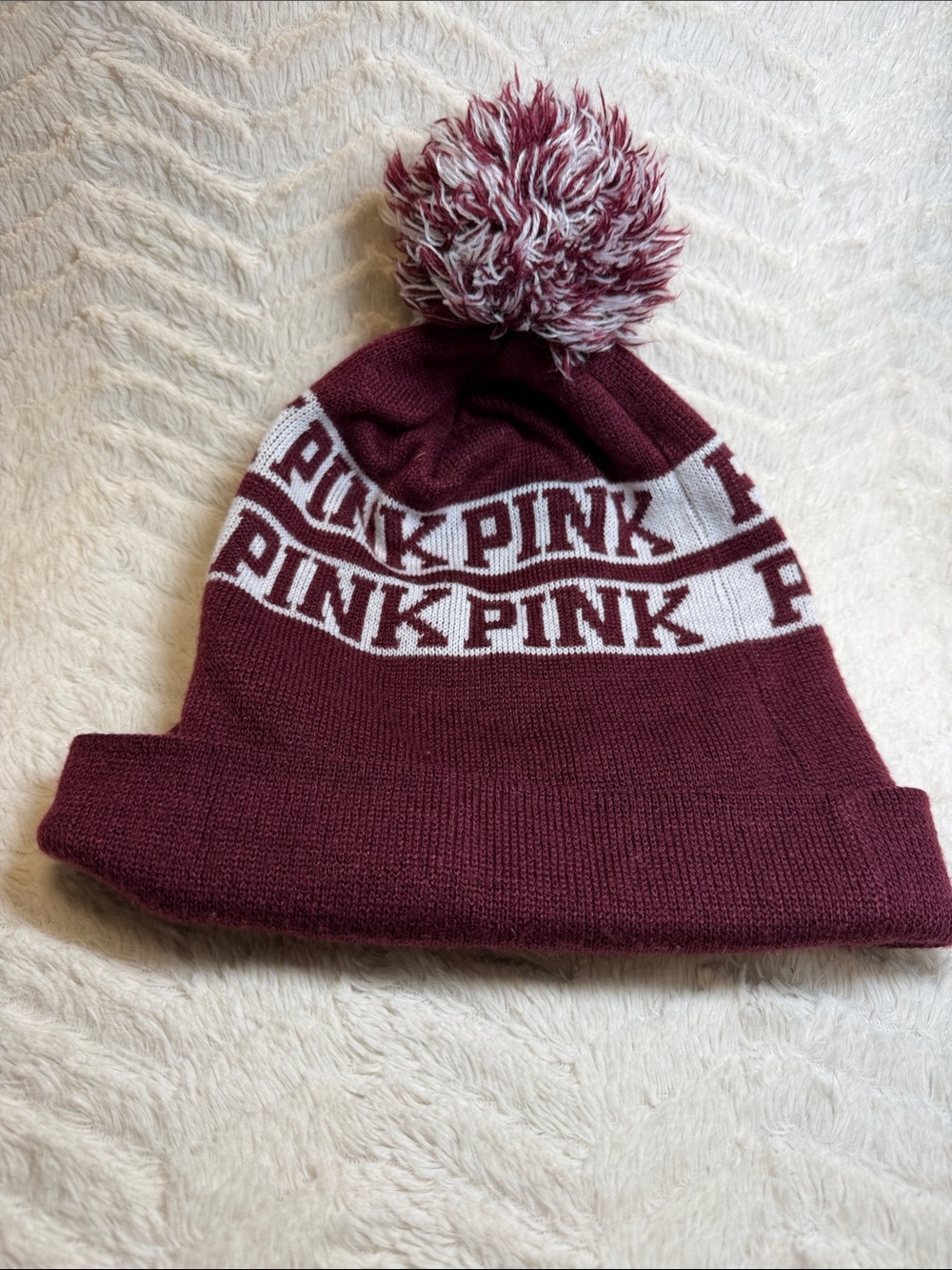 PINK Victoria's Secret Maroon & White Warm Winter Knit Cuffed Beanie Pom Pom